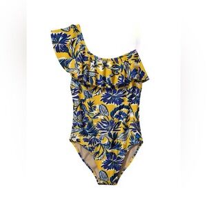 J Crew One shoulder swimsuit Hawaiian flowers hibiscus 90s pattern large blue